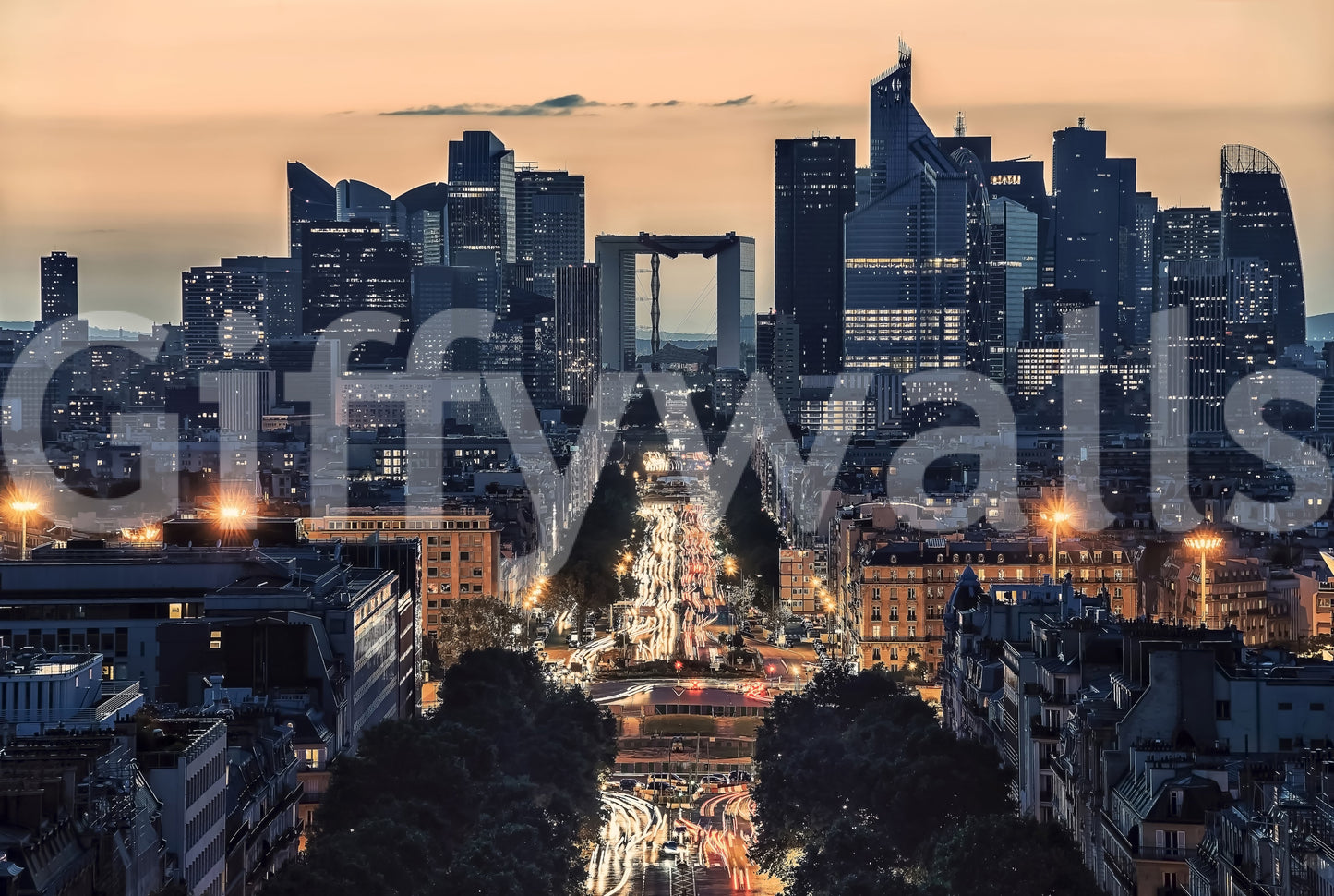 Majestic City of Lights wallpaper mural portraying city center.