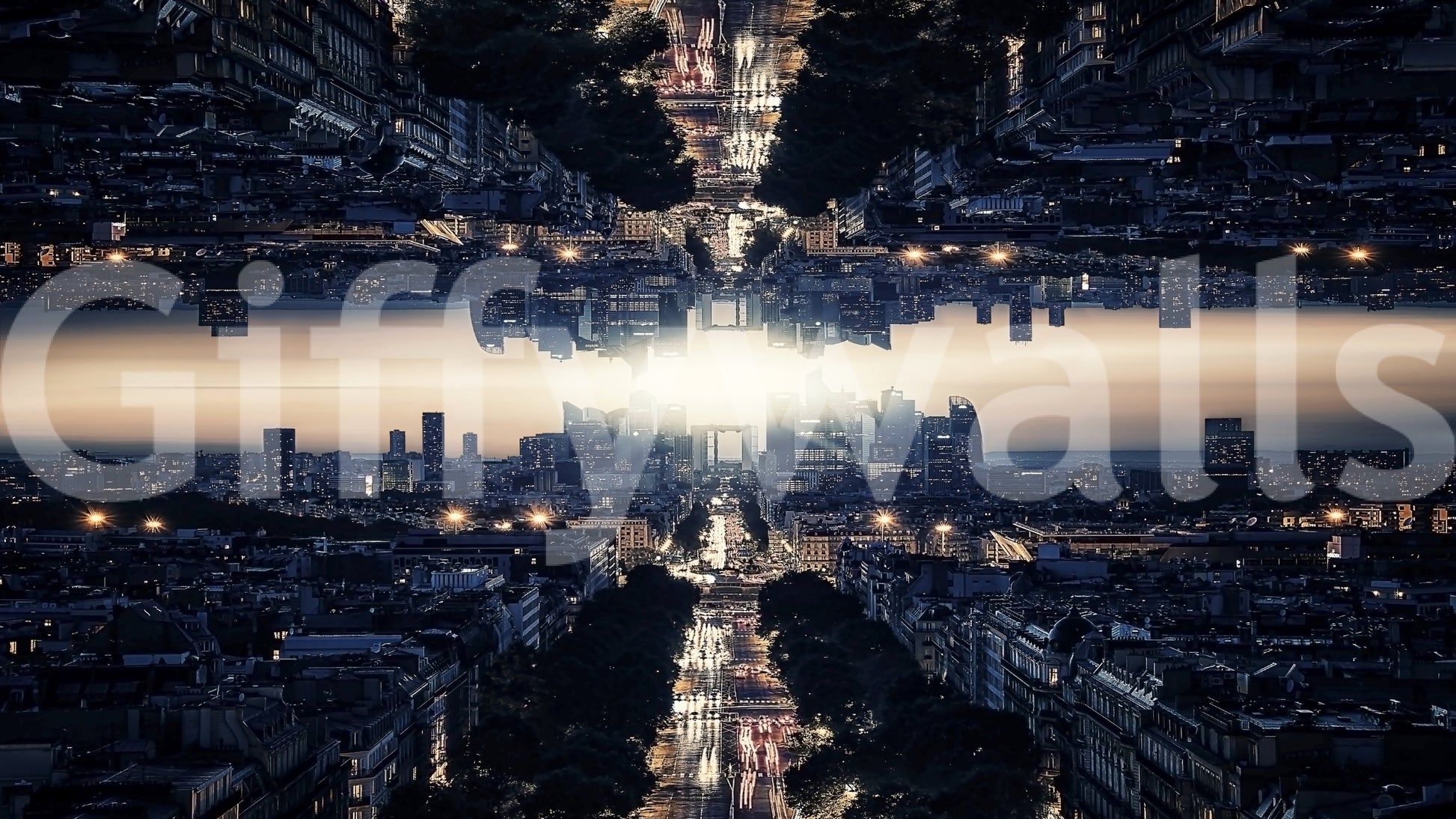 Twilight mirror city Parallel Universe wall mural.