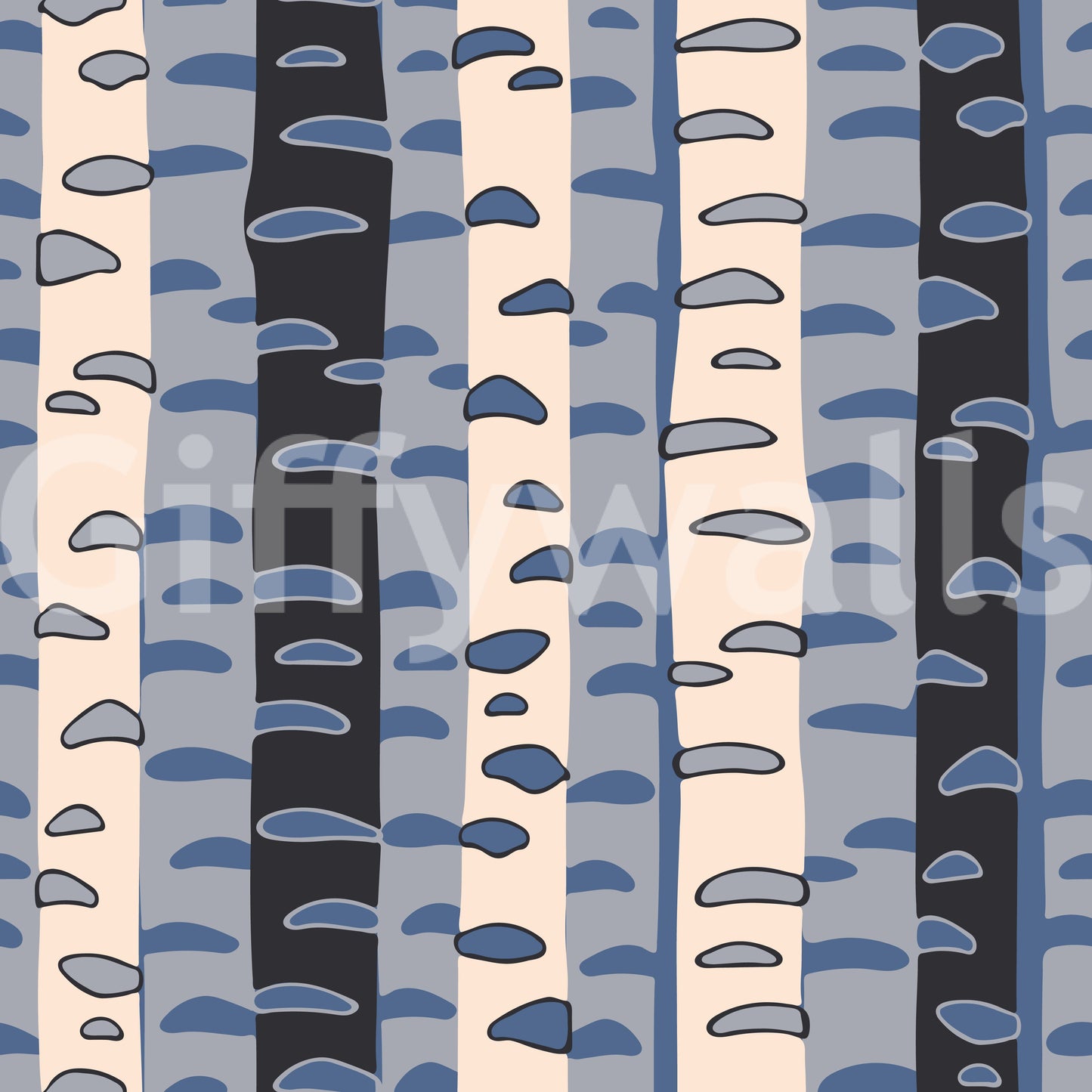 Birch Tree Stripes Retro Abstract Forest in Blue Black Cream Gray Wallpaper⁠