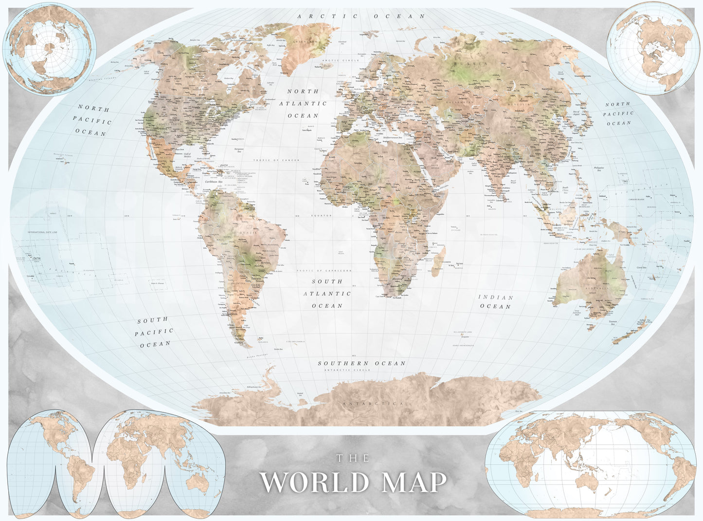 Carte du monde classique aux tons bleus et terreux - Fresque murale