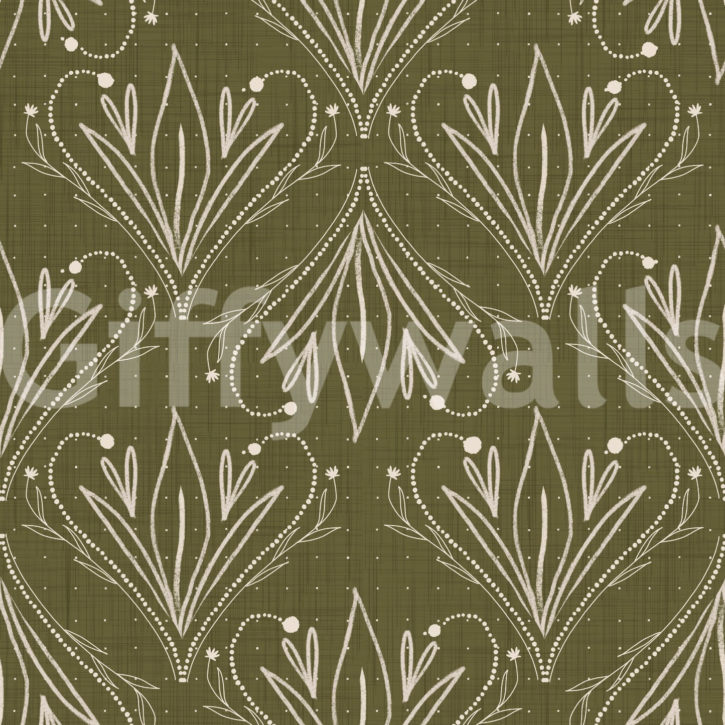 Papier peint bohème Art Nouveau Folk Floral Vert Olive – Papier peint dessiné à la main