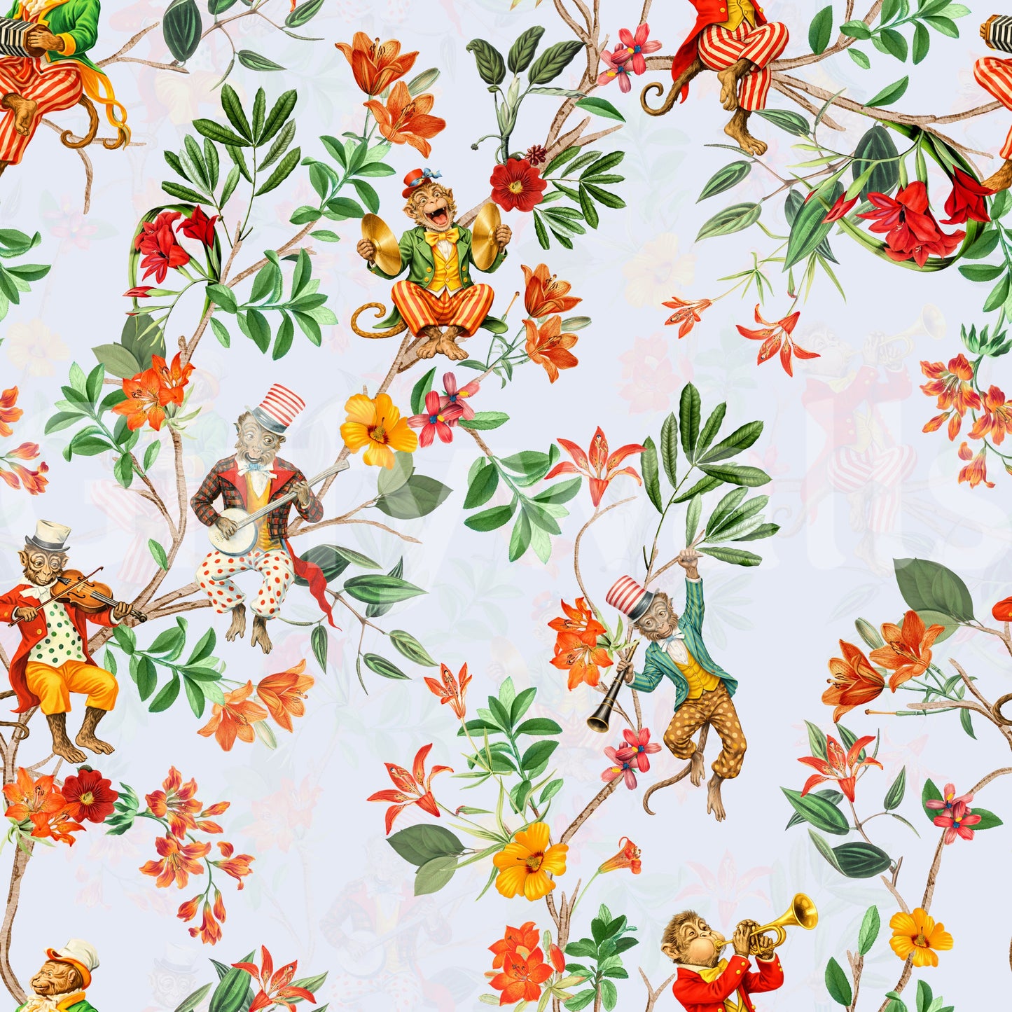 気まぐれな猿が音楽を演奏するヴィンテージエキゾチックな楽しい庭の青い壁紙⁠