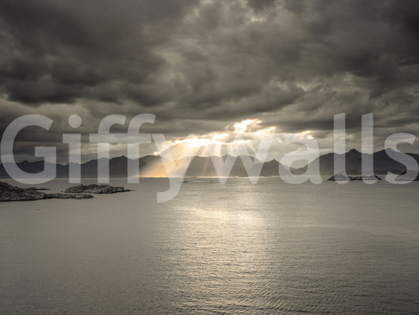 Solnedgang over norsk fjord vægmaleri