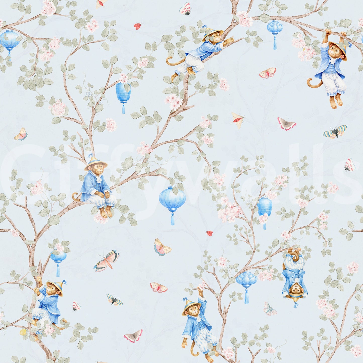 Vintage Rococo Chinoiserie asiatiske lanterner med aber og sakurablomster blåt tapet