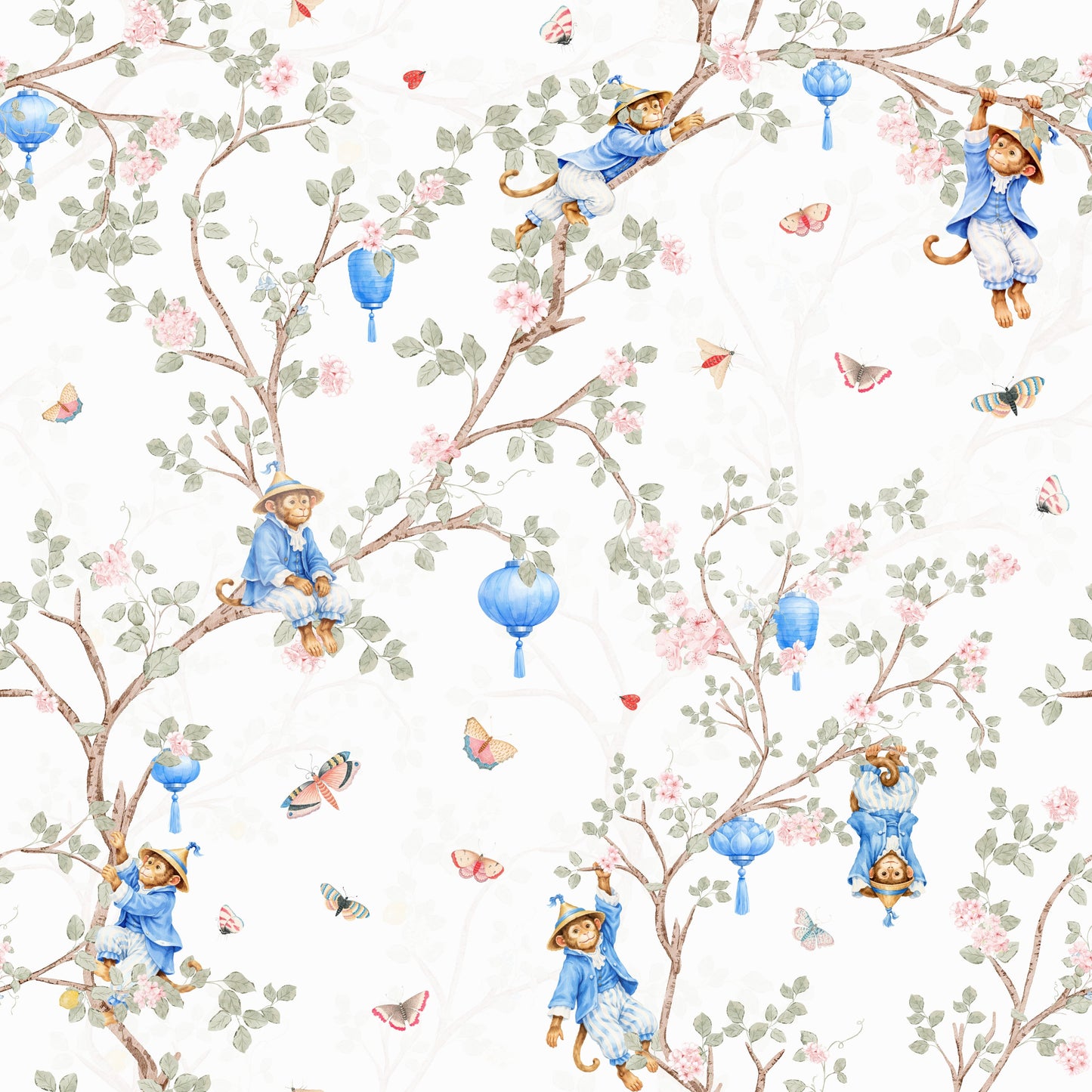 Vintage Rococo Chinoiserie Asian Lanterns with Monkeys and Sakura Flowers white Wallpaper⁠