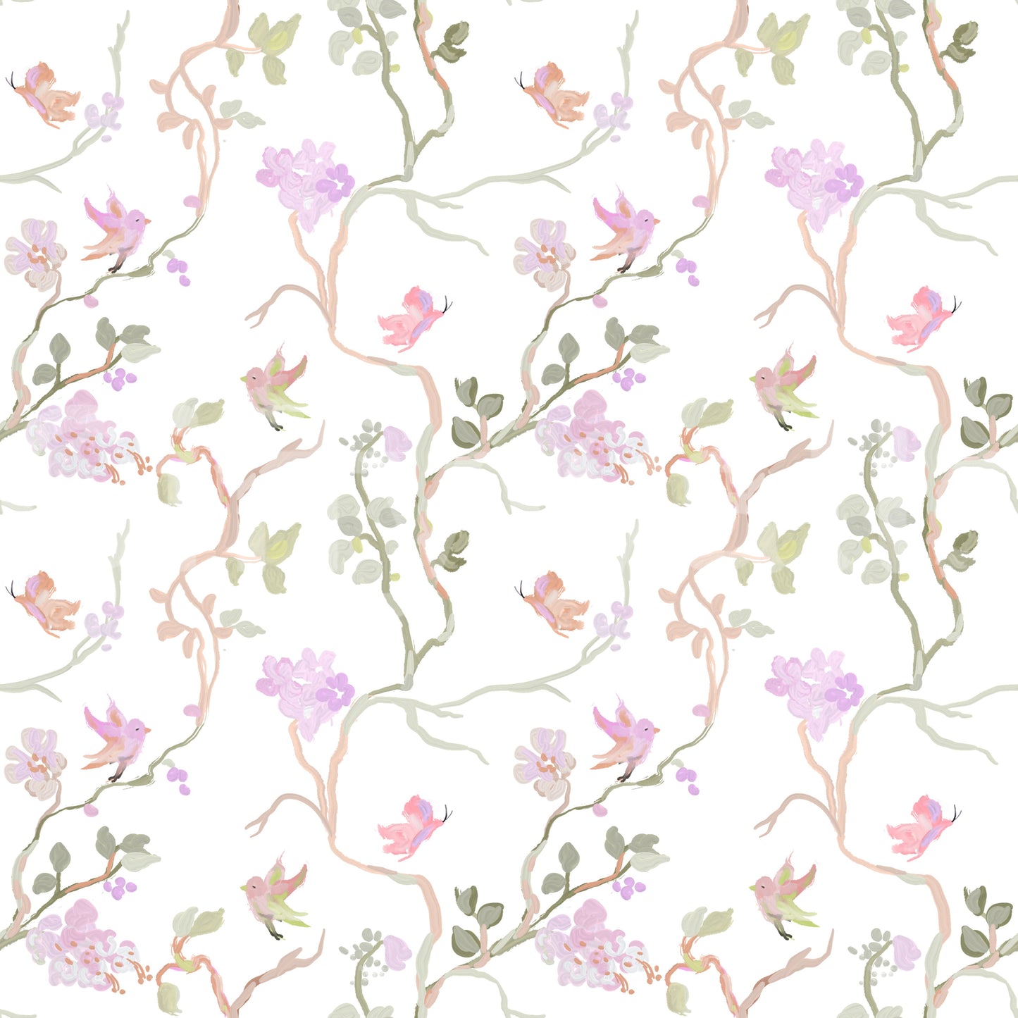 Kukkakuvioinen lento, chinoiserie, unelmoivat linnut, perhoset, tapetti