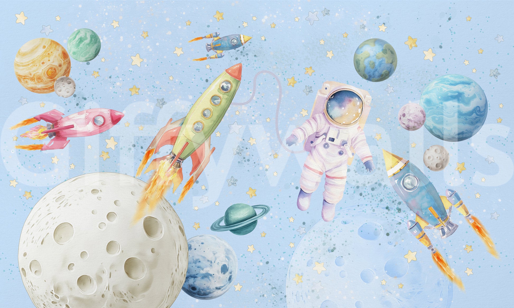Space adventure wall mural with colorful rockets and floating astronaut