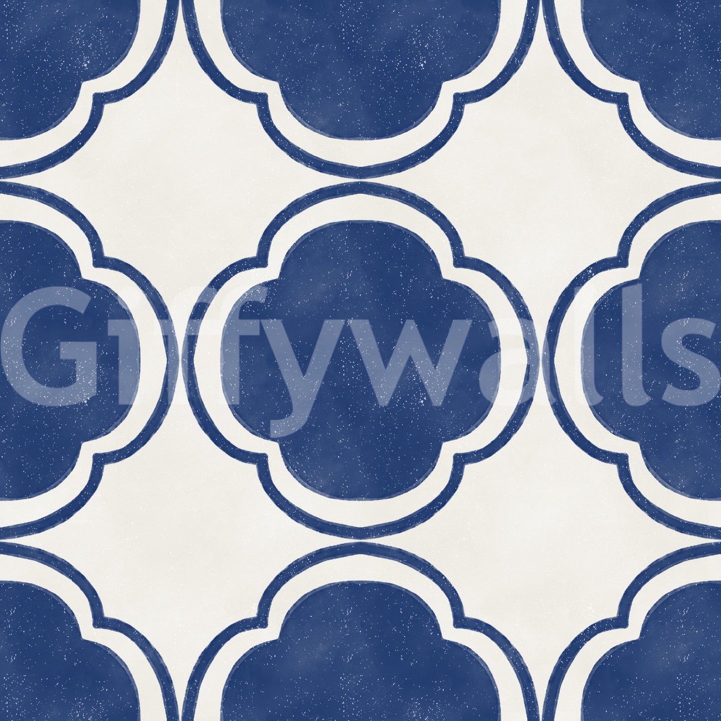 Mediterranean quatrefoil pattern blue wallpaper with textured aged surface