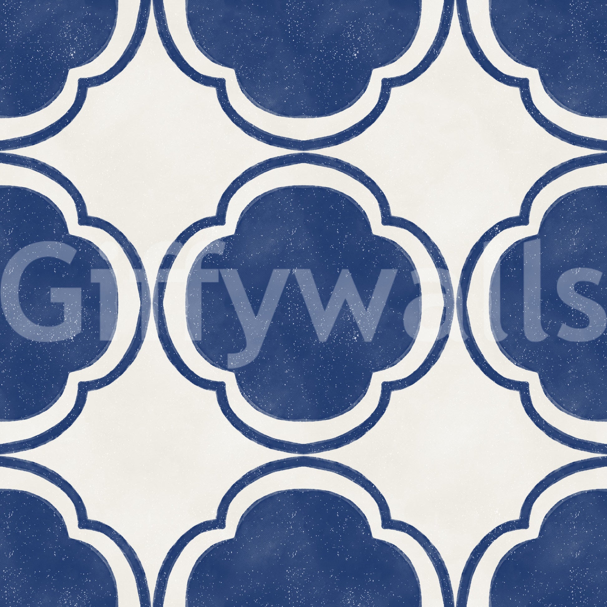 Mediterranean quatrefoil pattern blue wallpaper with textured aged surface