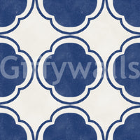 Mediterranean quatrefoil pattern blue wallpaper with textured aged surface