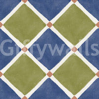 Deep navy and olive diamonds alternate on this Mediterranean rustic checkerboard wallpaper.