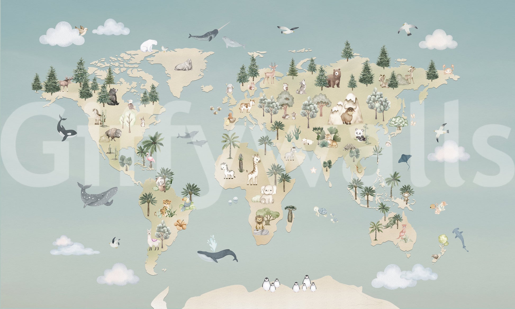 Soft tone map mural with continents and small animal figures
