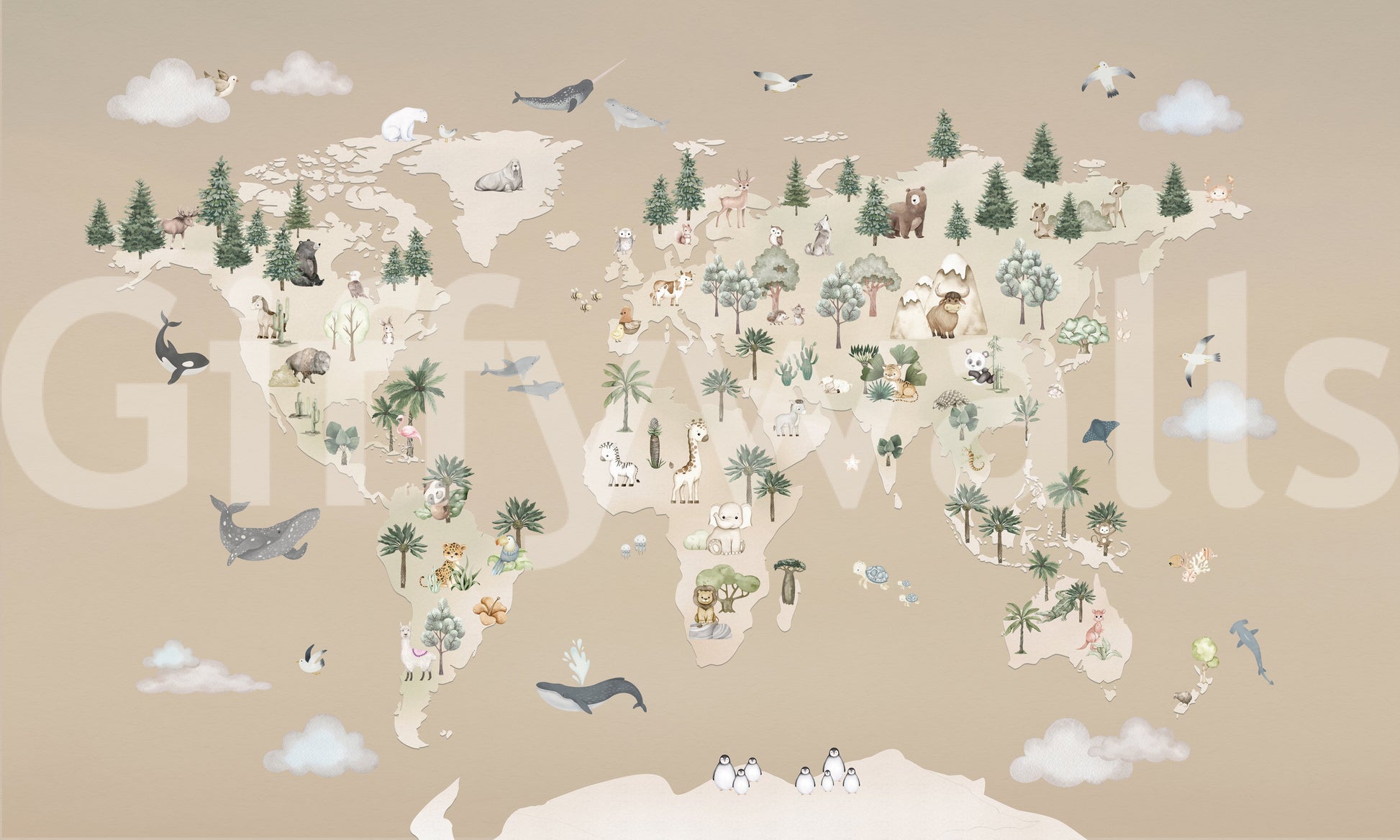 Atlas-style wall mural with animals across world continents