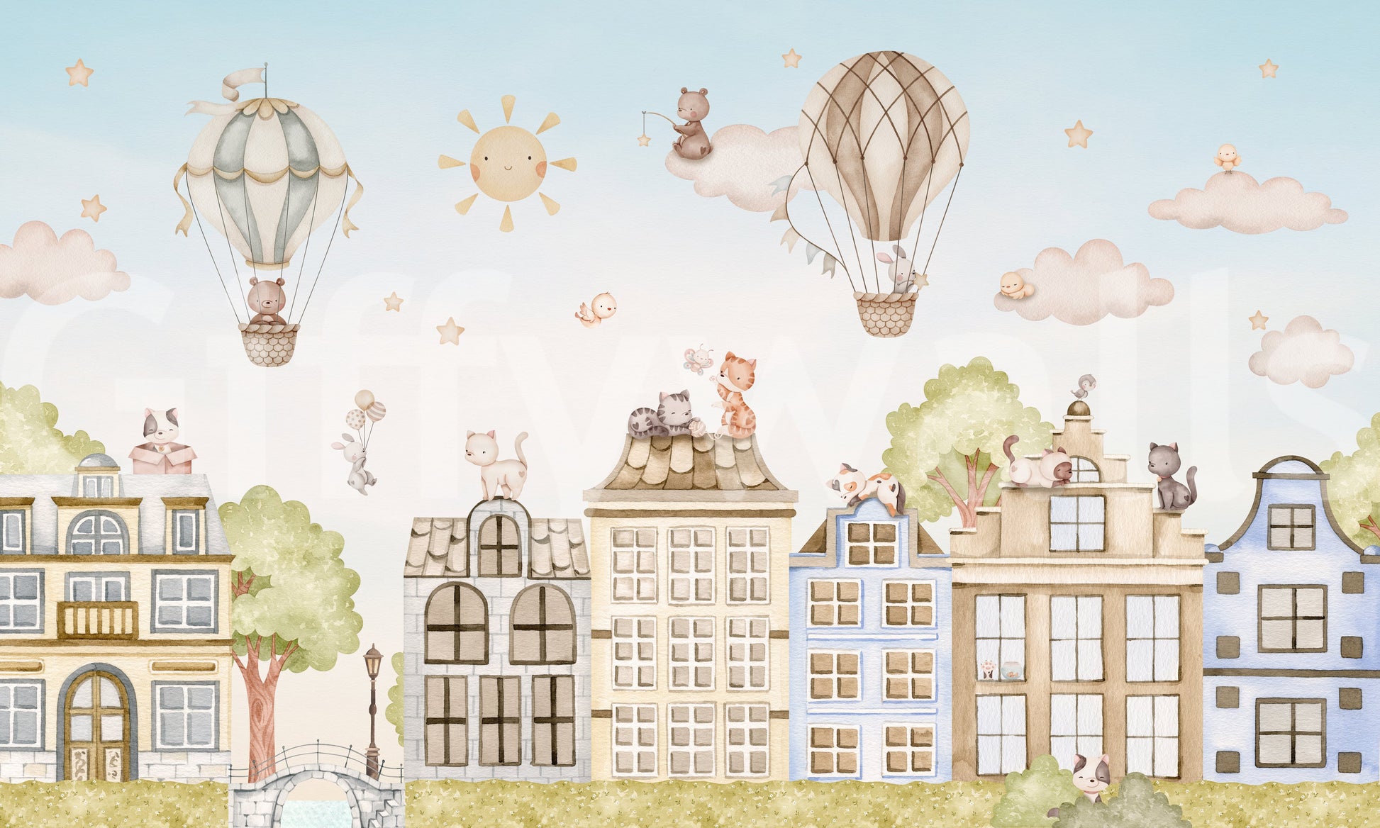 Cartoon city wall mural with cats, skyline, and light color palette