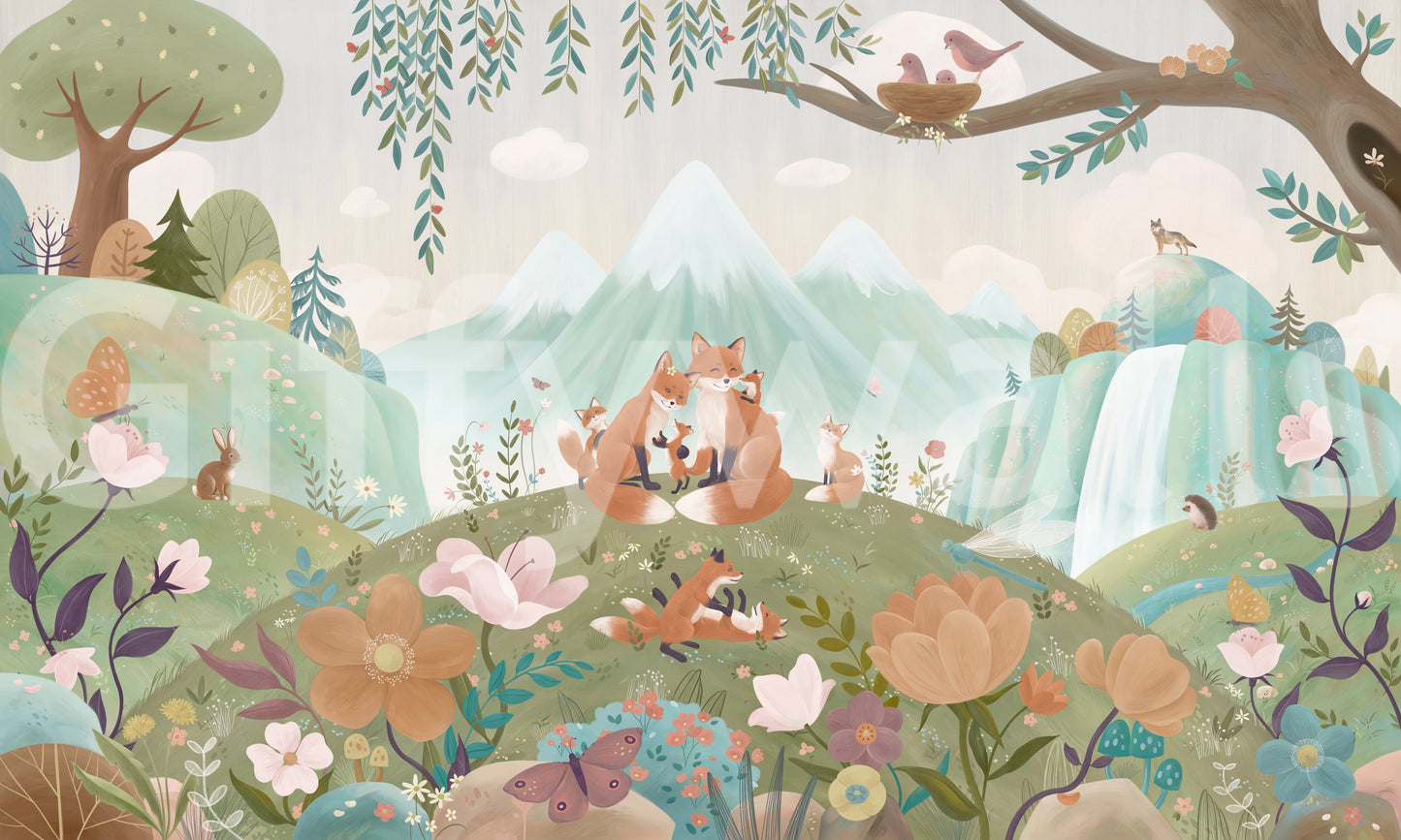 Floral fox wall mural with pastel mountains, branches, and storybook artwork