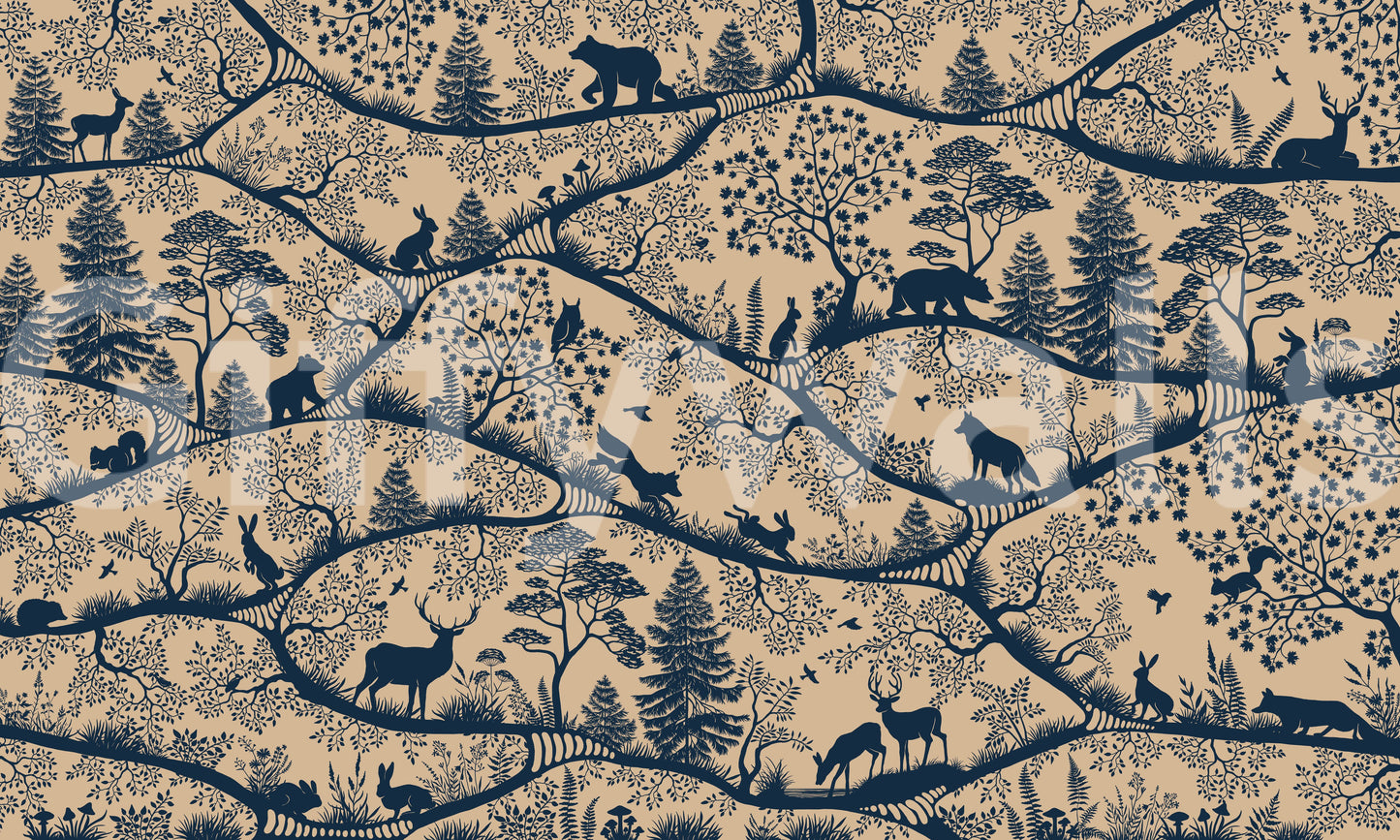 Nordic woodland animals wall mural layered trees beige blue pattern