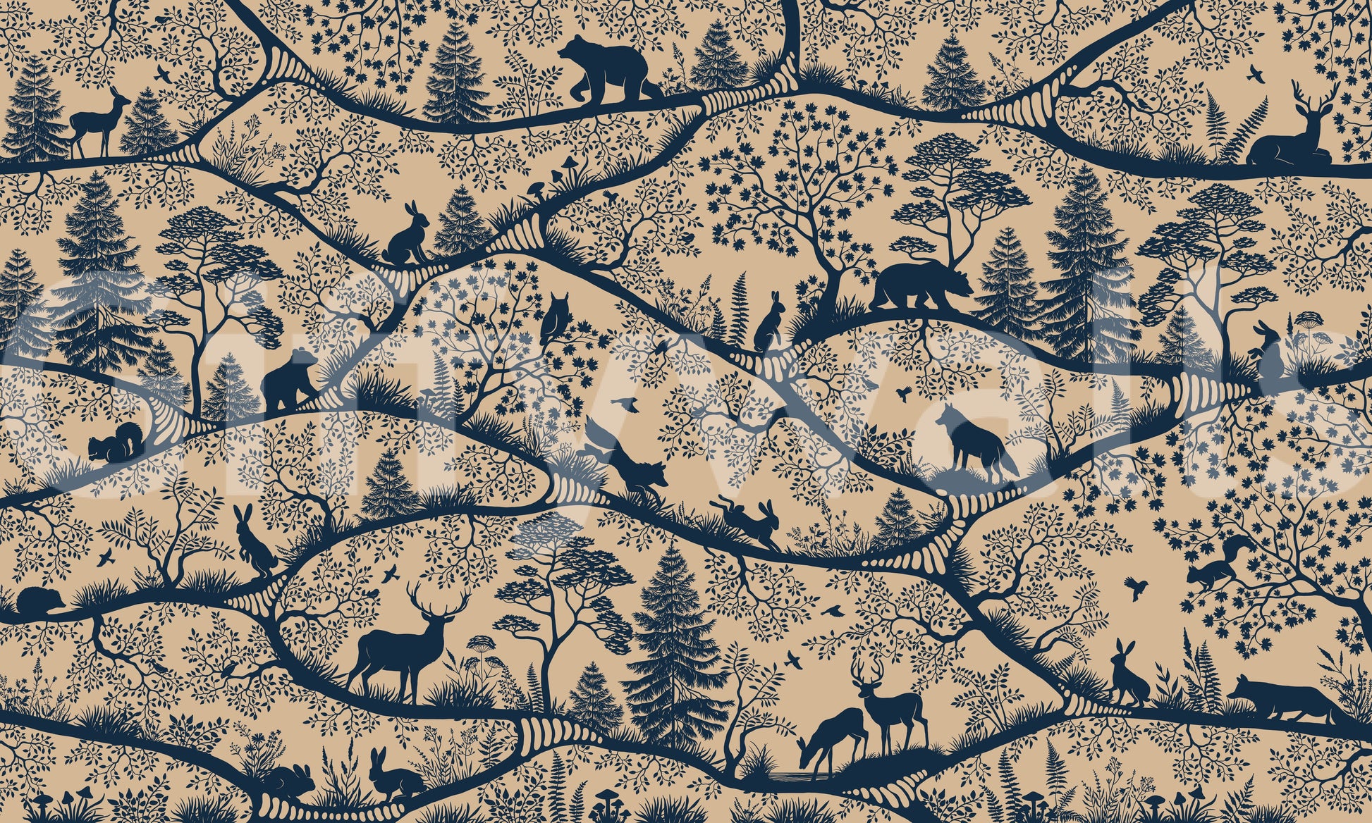 Nordic woodland animals wall mural layered trees beige blue pattern
