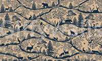 Nordic woodland animals wall mural layered trees beige blue pattern