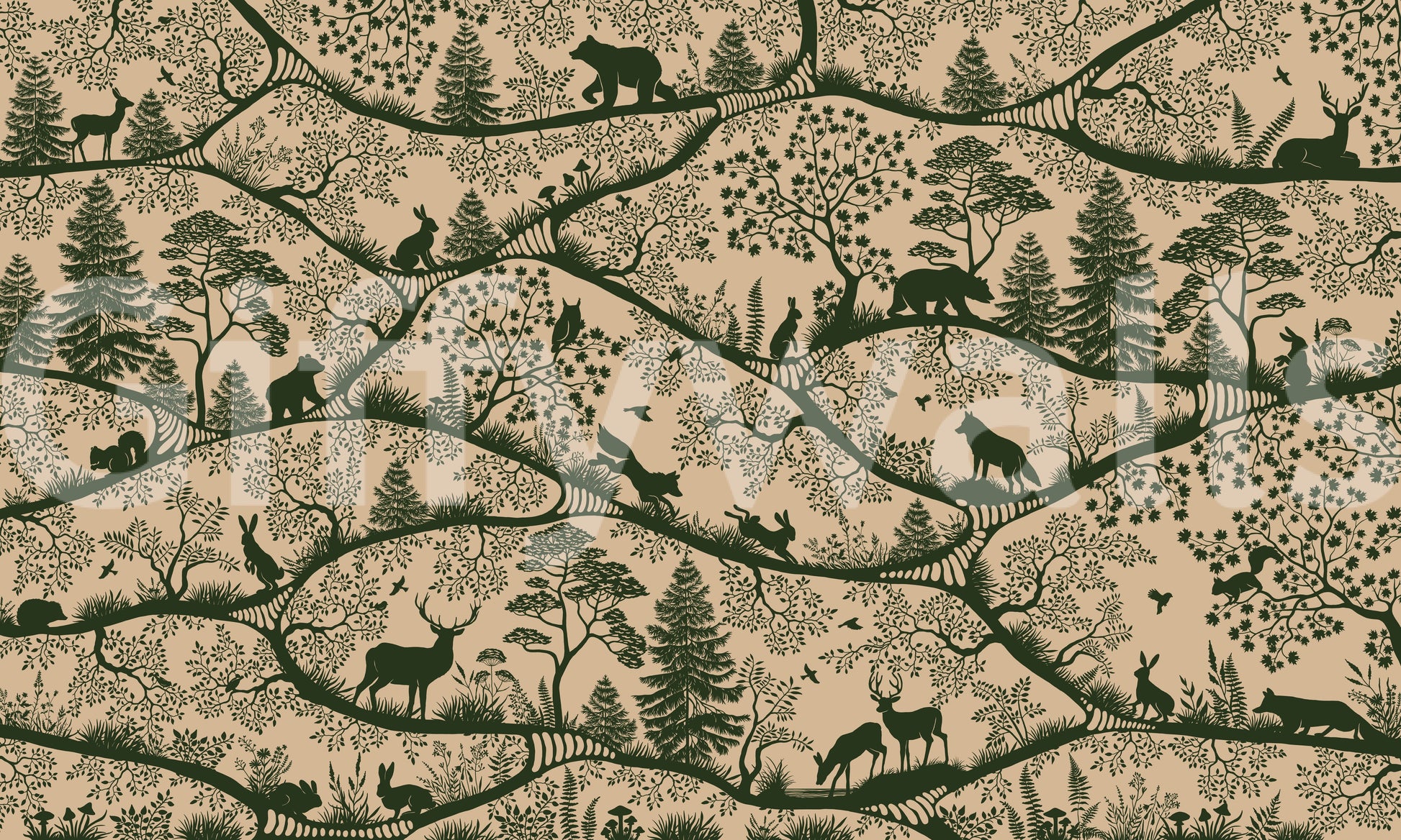 Nordic woodland animals wall mural layered trees beige green pattern