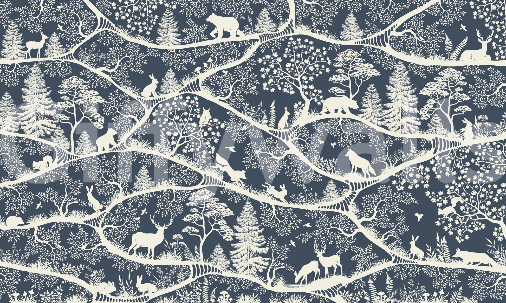 Nordic woodland animals wall mural layered trees blue white pattern