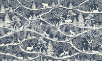 Nordic woodland animals wall mural layered trees blue white pattern