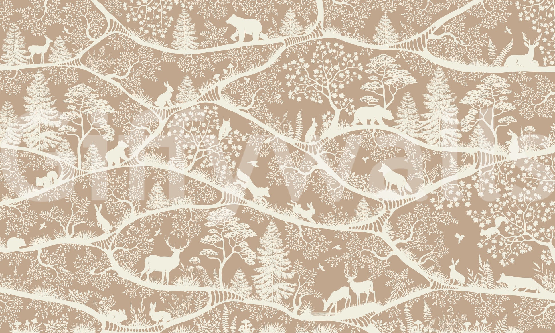 Nordic woodland animals wall mural layered trees brown white pattern