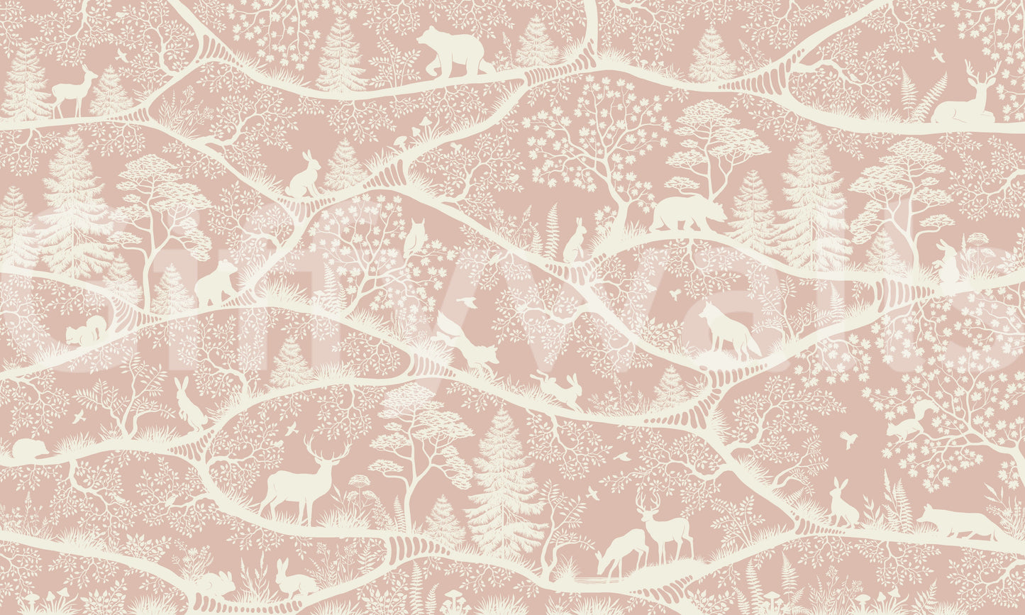 Nordic woodland scene mural animals trees pink wall mural