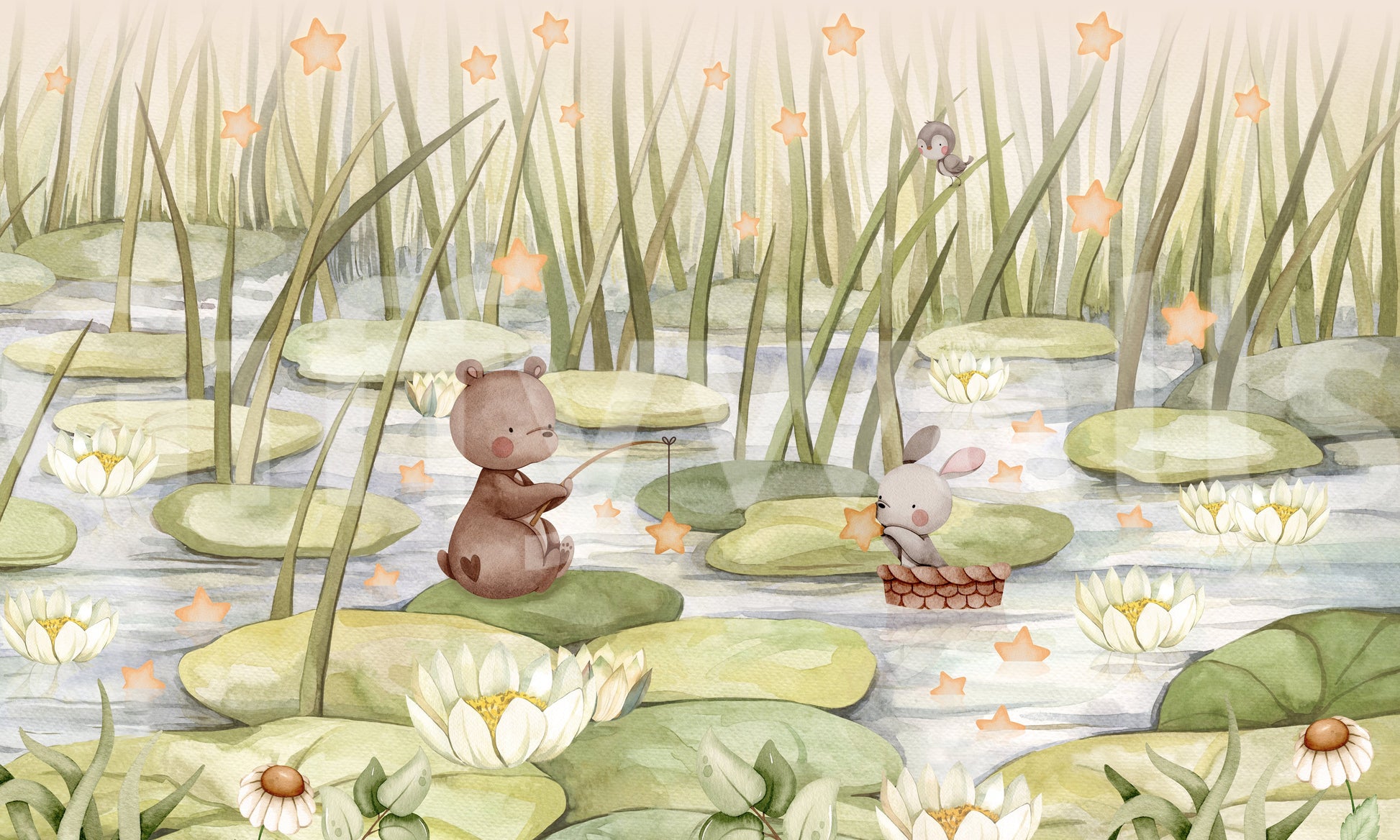 Fantasy kids wall mural with stars, pond, and cute characters
