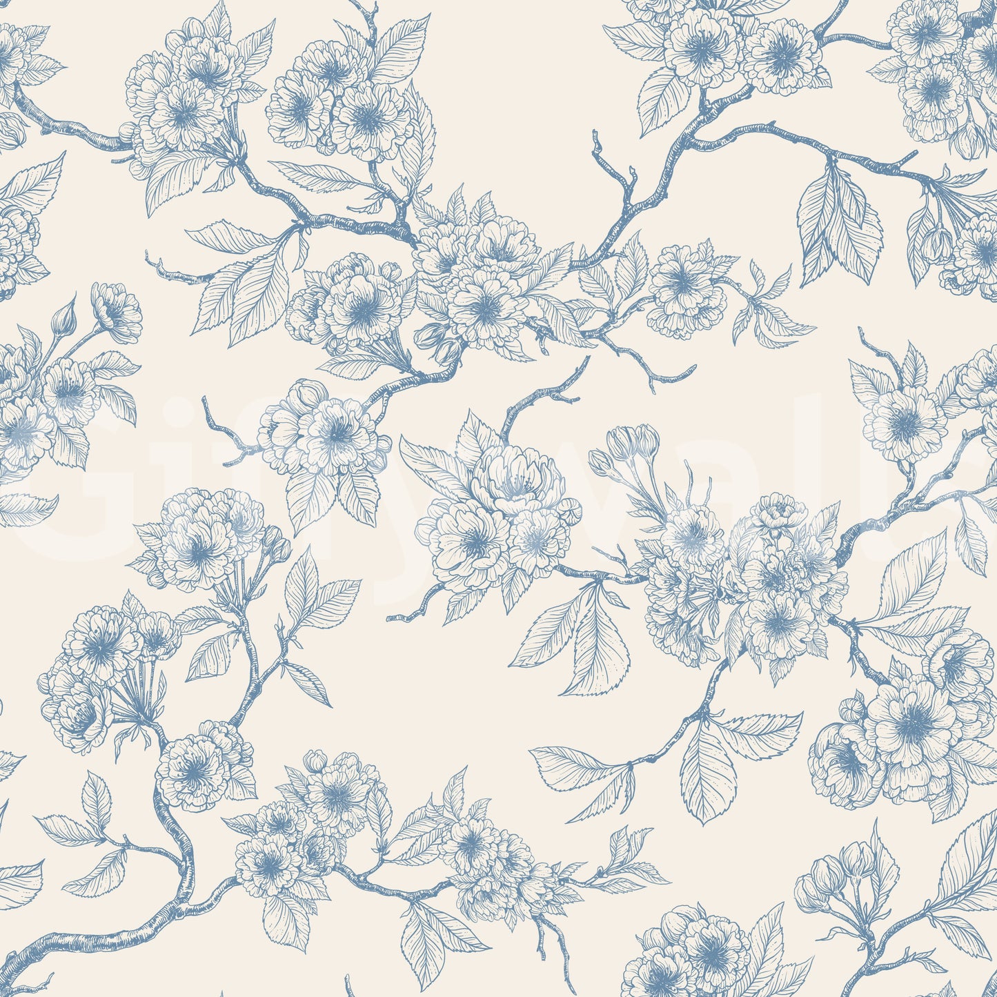 Classic botanical wallpaper with cherry blossom branches and fine lines