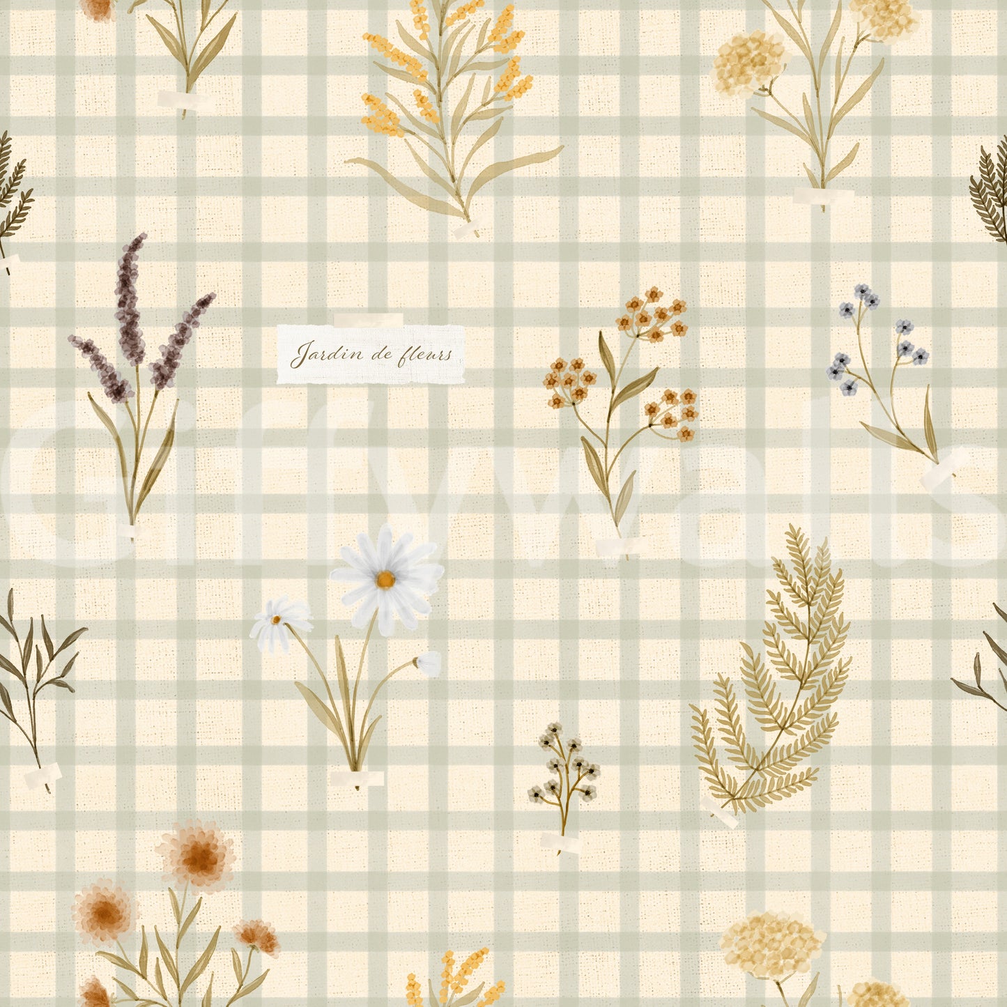 Neutral gingham wallpaper with scattered floral and canvas texture look