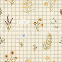Neutral gingham wallpaper with scattered floral and canvas texture look