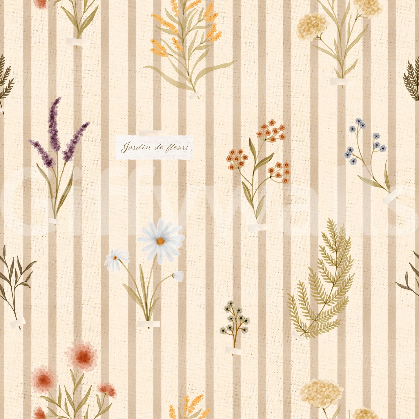 Soft botanical stripe wallpaper with wildflower detailing and fabric texture
