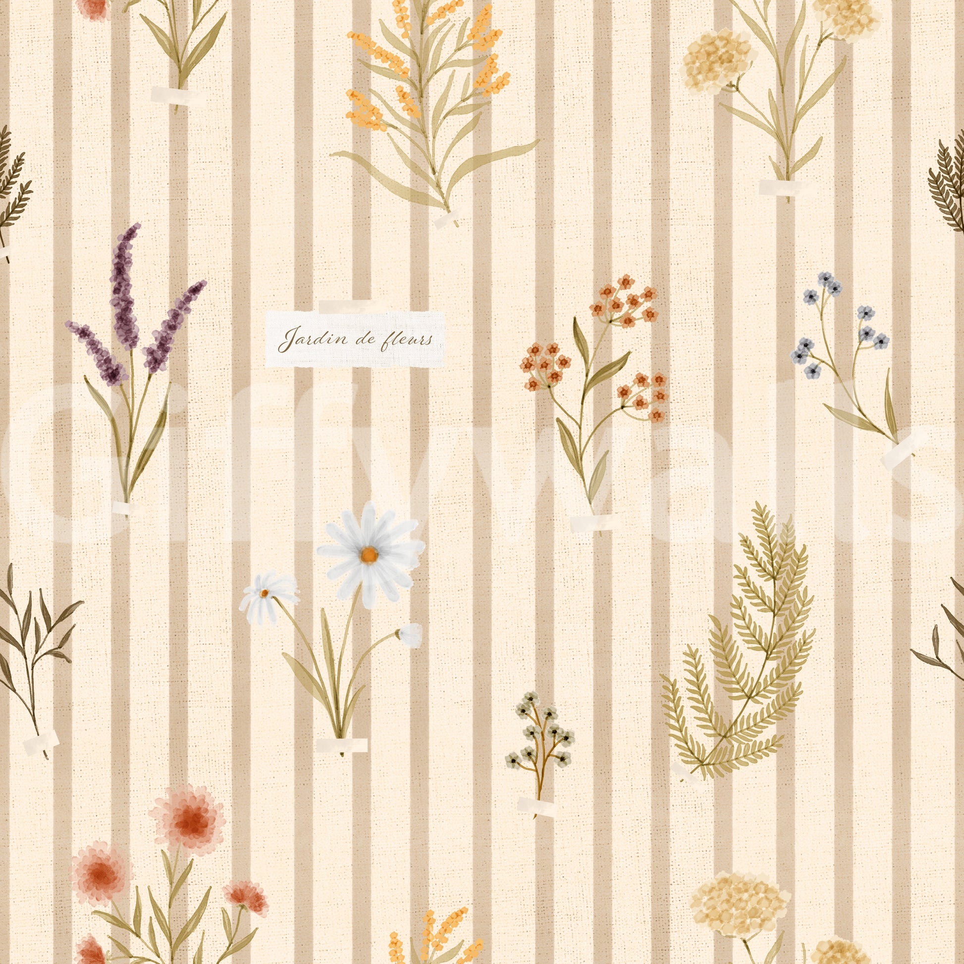 Soft botanical stripe wallpaper with wildflower detailing and fabric texture