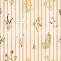 Soft botanical stripe wallpaper with wildflower detailing and fabric texture