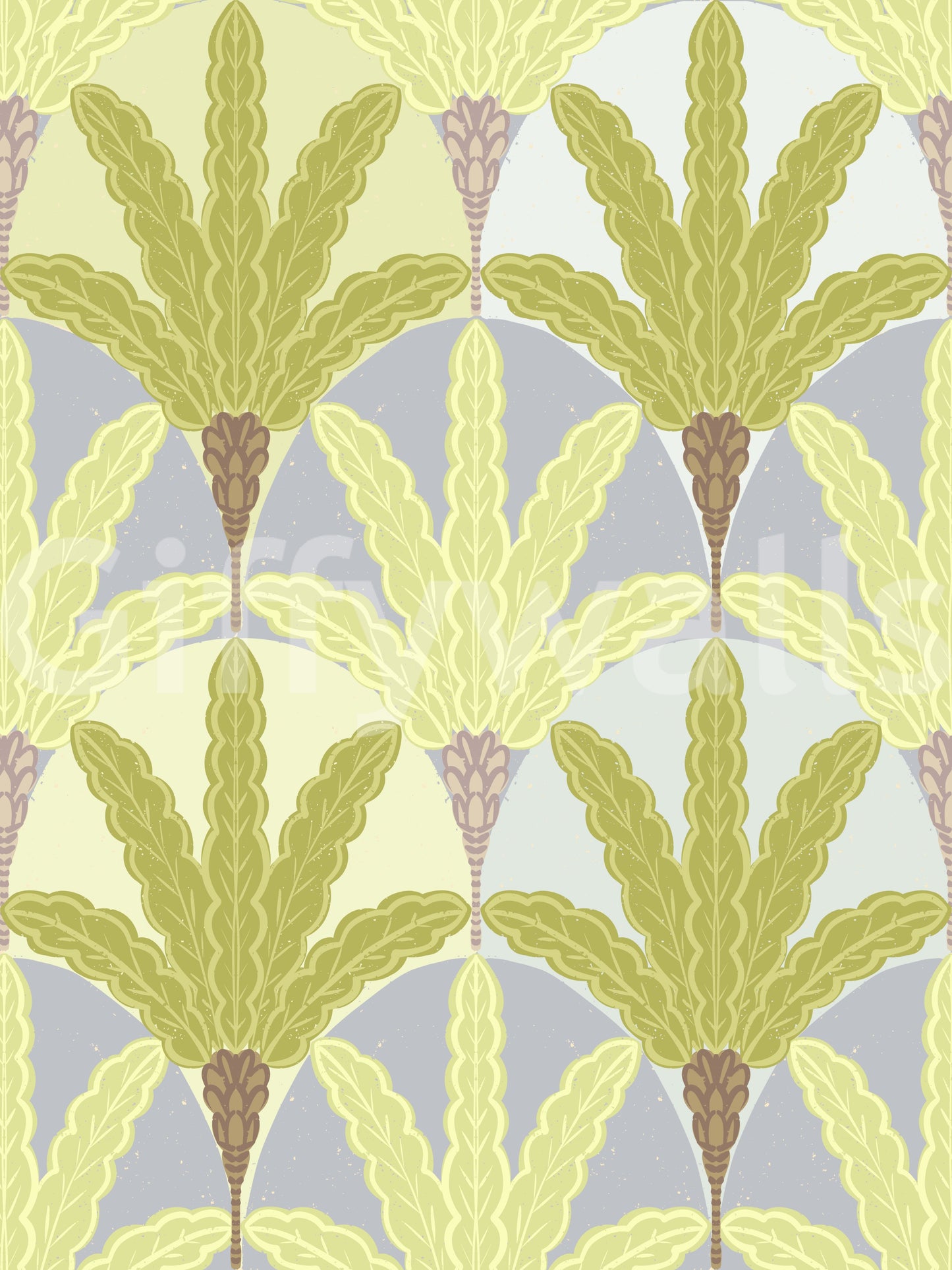 Verdant fan pattern wallpaper with soft green leaf motifs in a vintage repeat layout