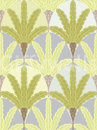 Verdant fan pattern wallpaper with soft green leaf motifs in a vintage repeat layout
