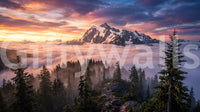 Sunset mountain peak wall mural with misty forest and glowing sky layers