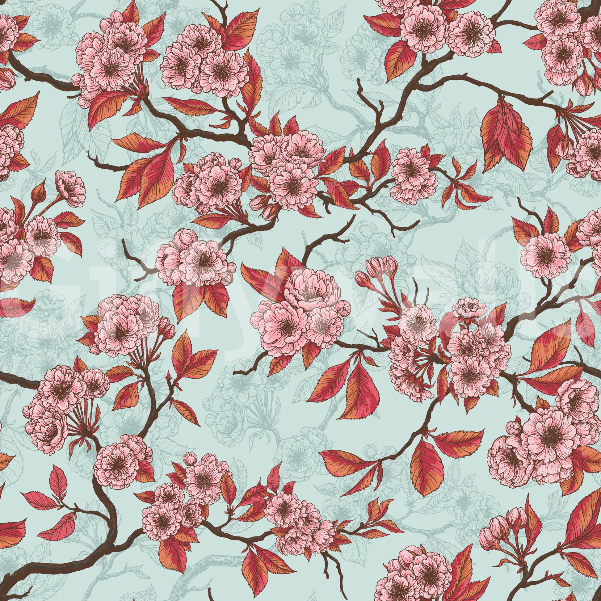Cherry Blossom on Sea Glass wallpaper with warm leaf accents