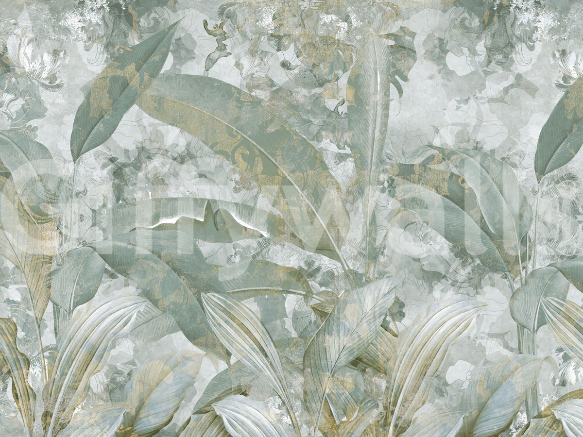 Sage Green Tropical Botanical Wall Mural – Leaf Style
