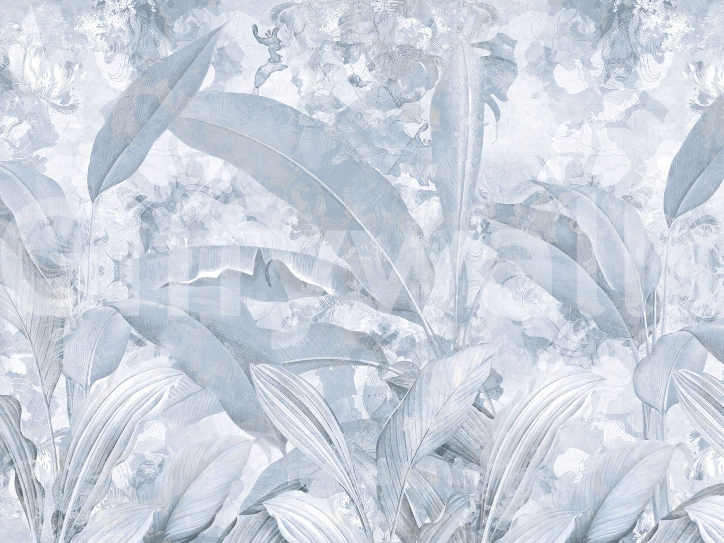 Misty Blue Tropical Palm wall mural with soft gradient leaf effect