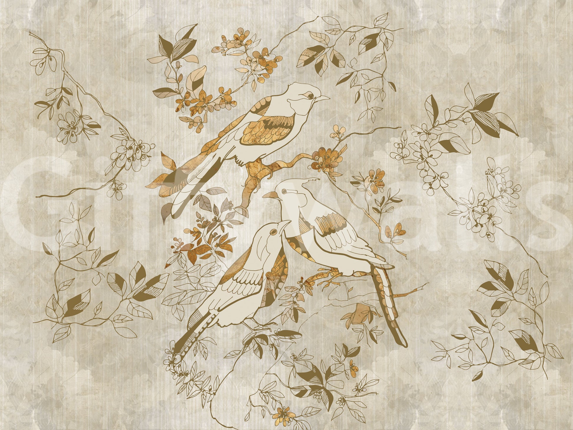 Golden Orchard Bird wall mural with soft gold and beige palette