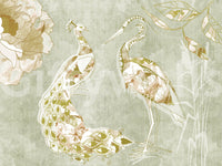 Emerald Green Peacock wall mural with muted green and beige tones