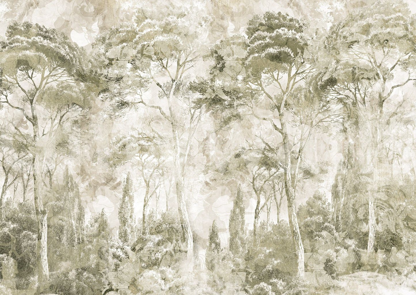 Sepia Pine Forest Landscape wall mural with faded woodland composition