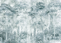 Misty Pine Forest Landscape wall mural with faded pine tree textures