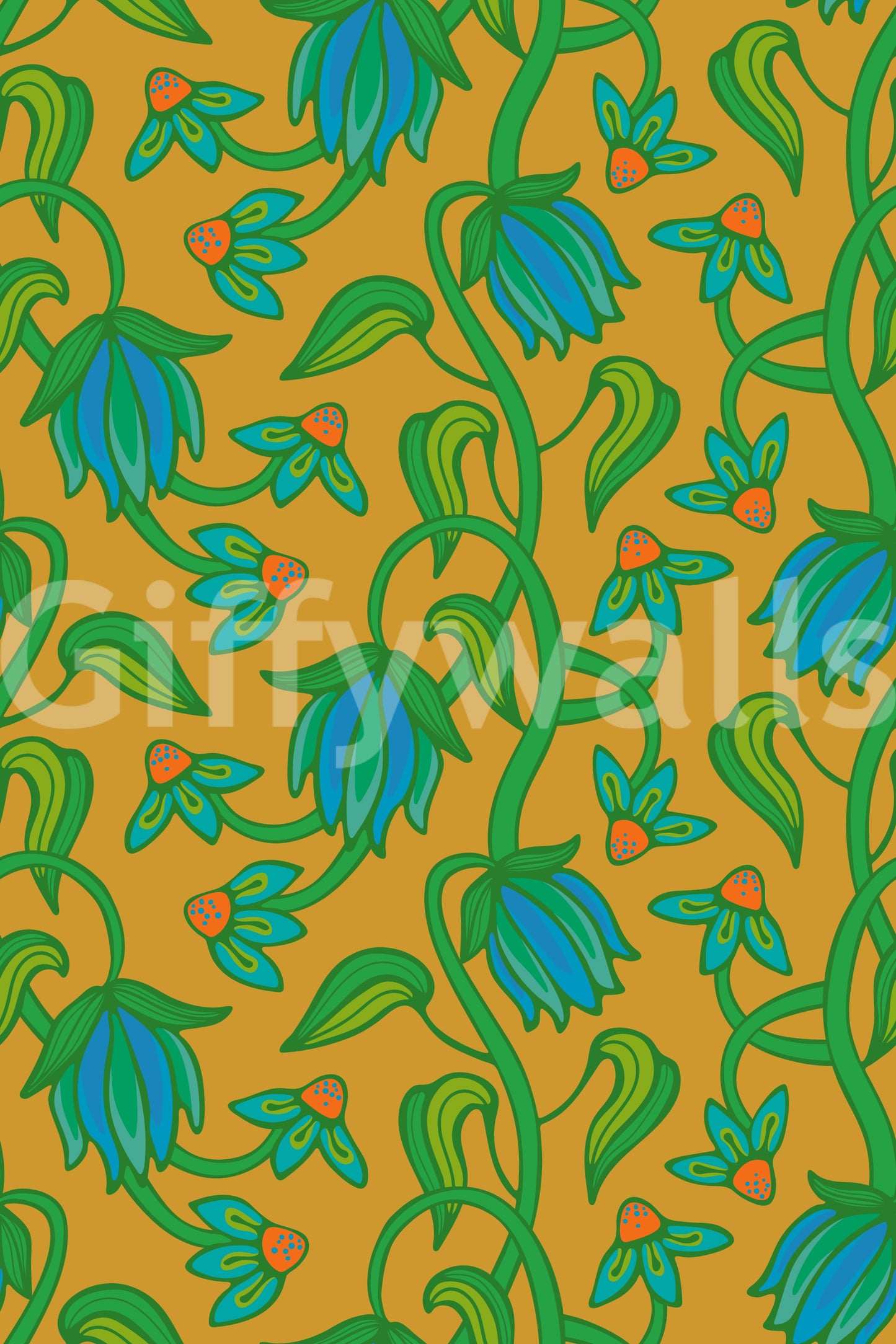 Papier peint Ophelia Boho Blossoms floral tropical bleu vert sur jaune moutarde
