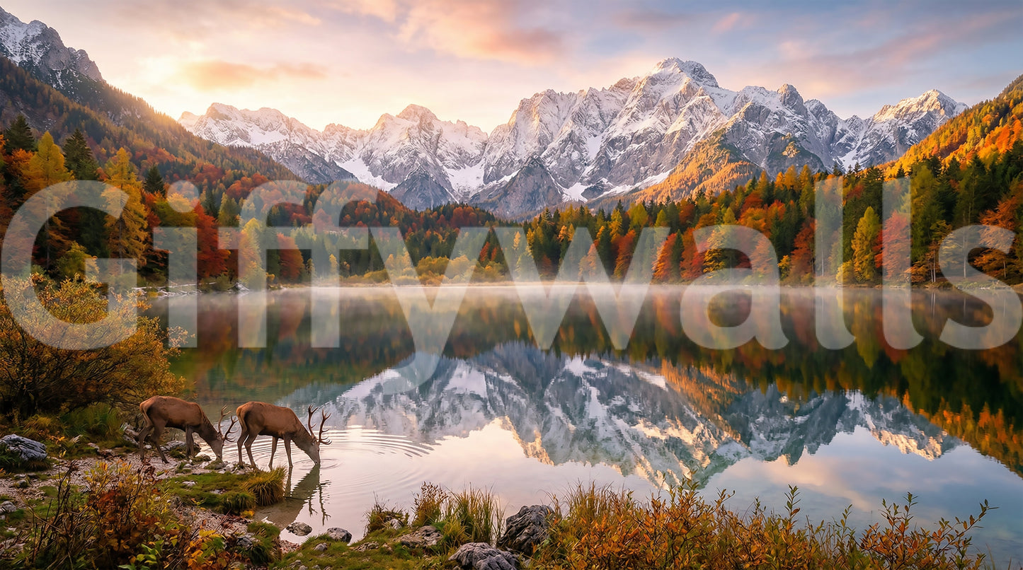 Alpine Autumn Reflection with Deer Wall Mural