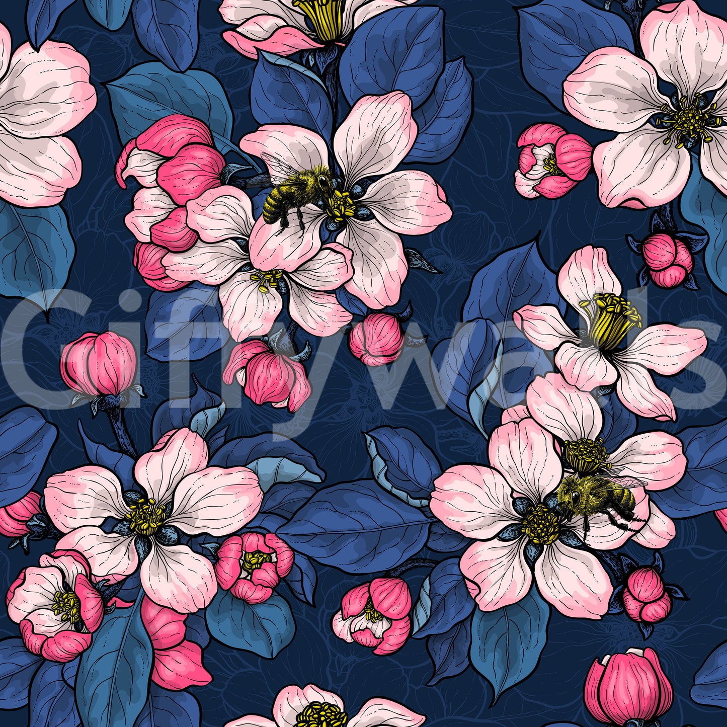 Apple Blossom on Dark Blue wallpaper with layered leaves and flowers