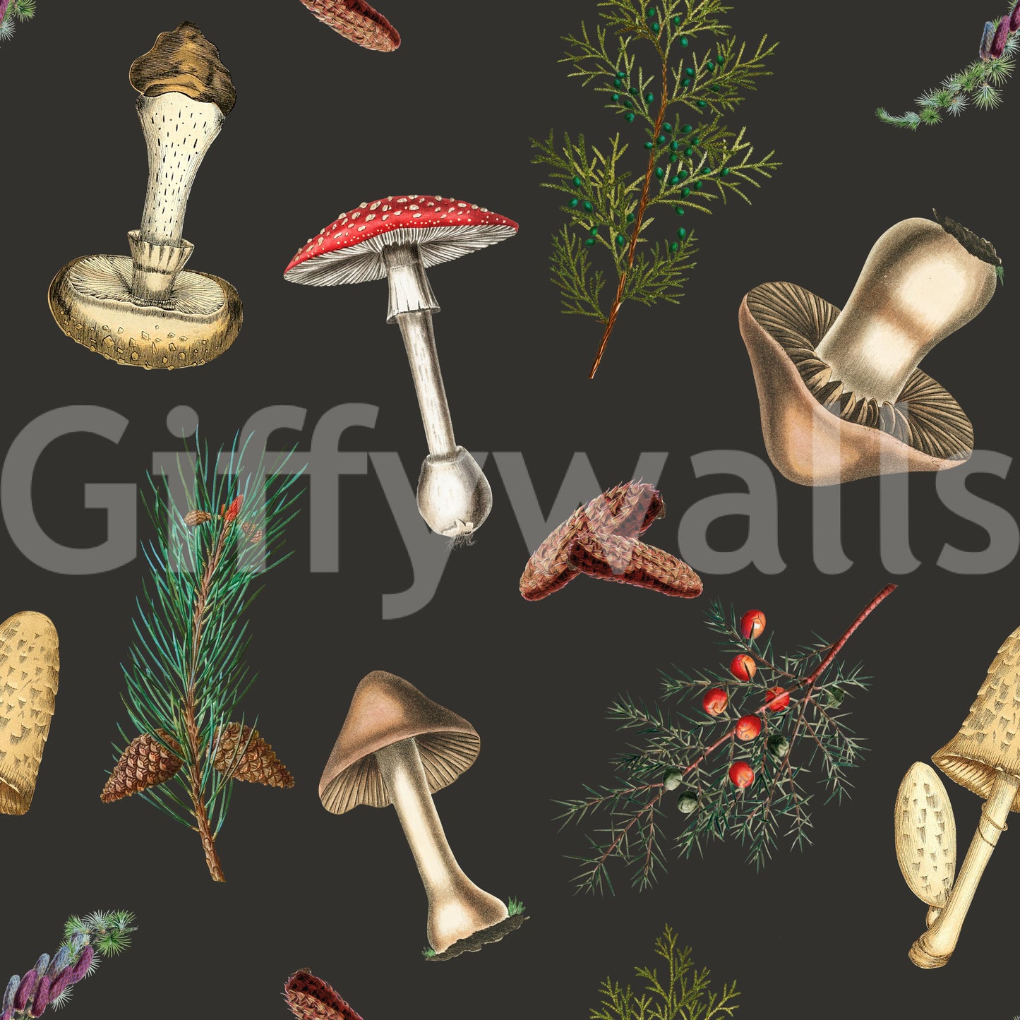 Vintage Pilz- und Tannenwald-Muster Tapete