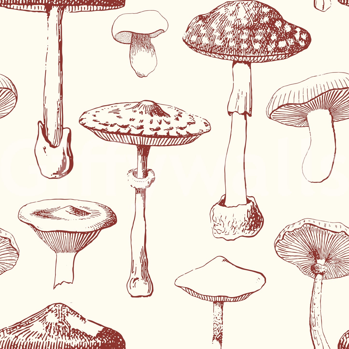 Antique botanical linework highlights Vintage Mushroom Grove Wallpaper throughout