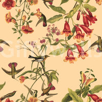 Tropical Flowers and Hummingbirds Vintage Style Wallpaper in heritage floral layout